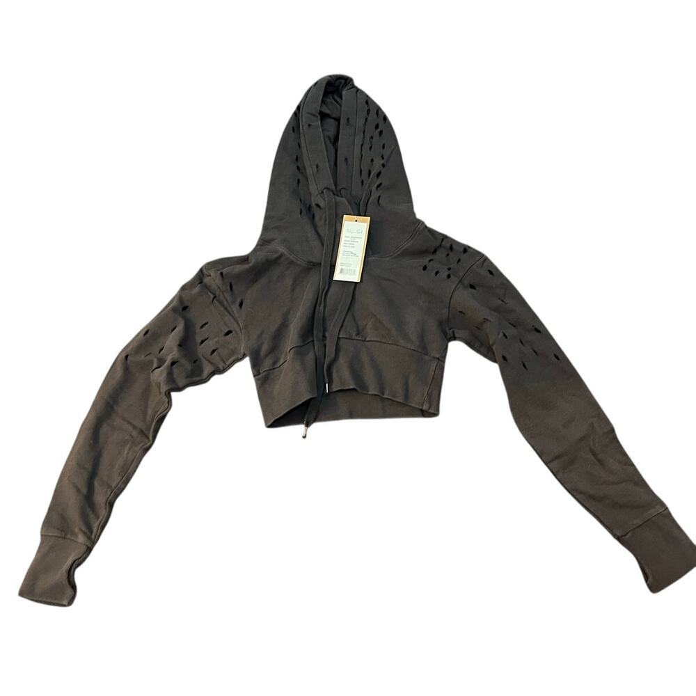 NWT Niyama Sol destroyed crop hoodie Espresso brown sz XS 100% cotton soft warm